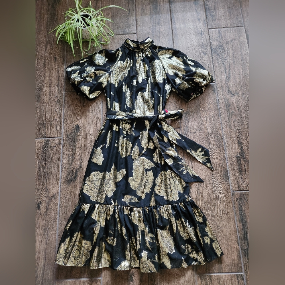 NWT Alex Marie Black Gold Rose Floral Print Black Ruffle Midi Puff Sleeve Dress - Picture 2 of 14